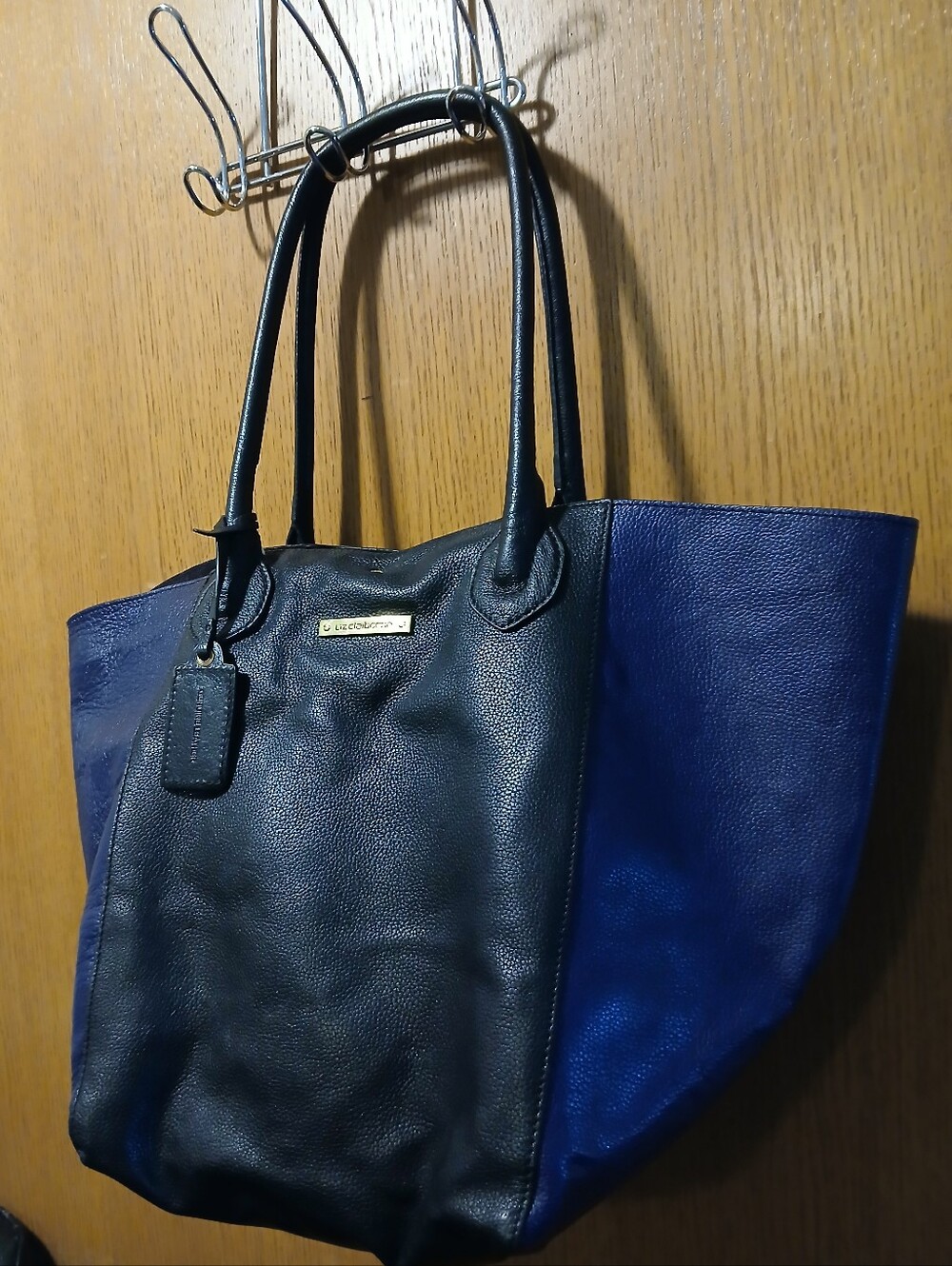 Liz Claiborne Genuine Leather Black & Blue Large Tote Shoulder Bag